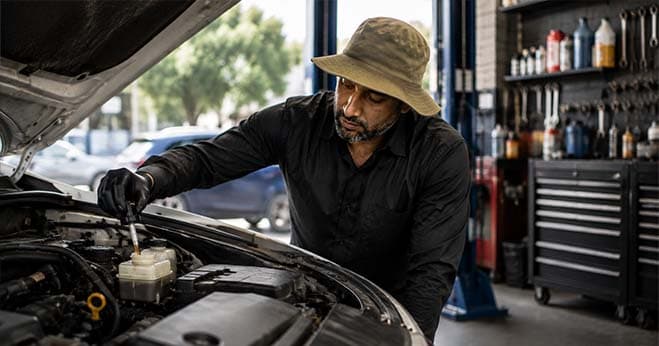 Mechanic checking brake fluid under the bonnet of a car