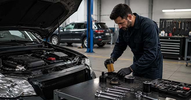 Experienced mechanic performing vehicle maintenance under the bonnet in a professional auto repair workshop.