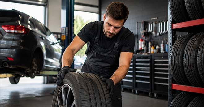 Automotive tyre fitter inspecting and handling a car tyre in a workshop