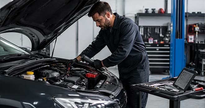 Professional auto electrician inspecting and repairing a vehicle's engine electrical system in a modern automotive workshop.