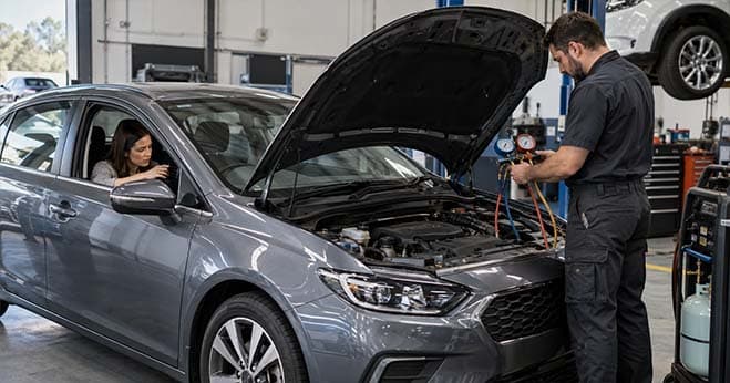 Automotive mechanic checking a vehicle air conditioning system